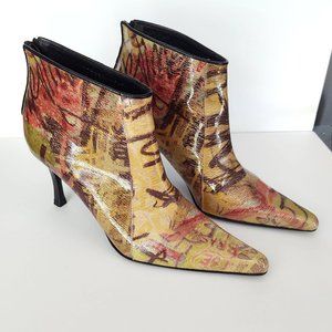 Patent stiletto graffiti print ankle boots